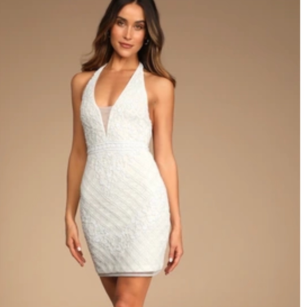 bride to be White Beaded Halter Bodycon Mini Dress bachlorette party bride